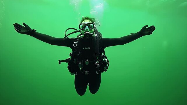 Scuba diver gracefully floats in a swimming pool against a green screen, with arms outstretched and bubbles rising around her, offering ample copy space for travel designs