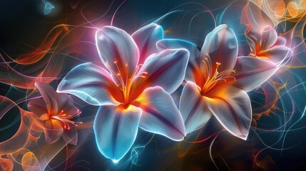 Obraz premium Floral motifs and delicate neon lines in an abstract background