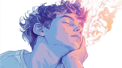 Clip art style drawing of a young man daydreaming, with a visual representation of thoughts in colorful clouds. Captures creativity, imagination, and introspection.