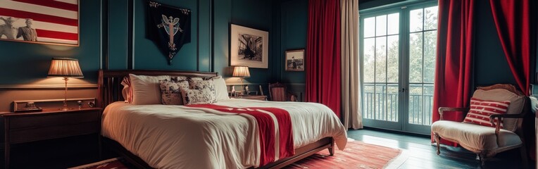 Fototapeta premium Cozy bedroom with a rustic design, featuring a large bed, artwork, and vibrant curtains.