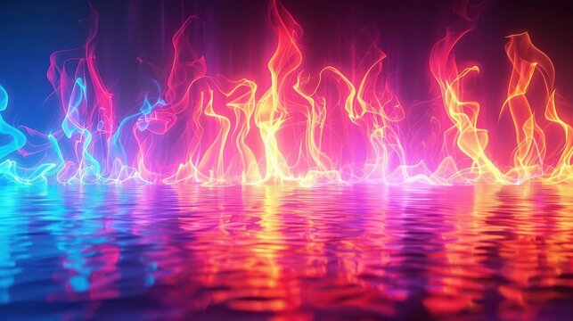 Vibrant flames in shades of blue, pink, and orange dance above a reflective surface, creating a captivating visual spectacle.