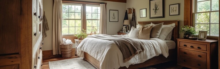 Cozy bedroom with natural light, wooden furniture, and soft textiles for relaxation.