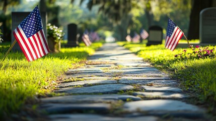Pathway lined with American flags at a cemetery, memorializing soldiers on Memorial Day