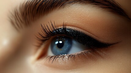 Close-up of a blue eye with winged eyeliner and long eyelashes.