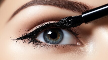 Close up of a woman applying black mascara to her eyelashes.