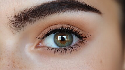 Obraz premium Close-up of a woman's eye with natural makeup and long eyelashes.