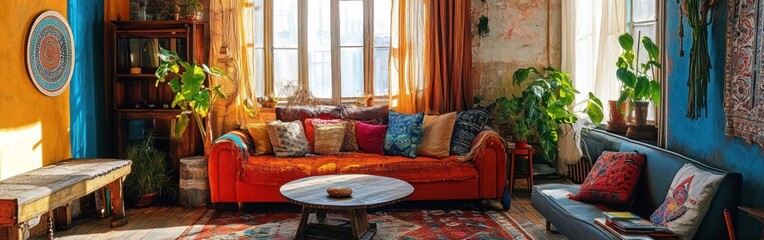 A vibrant, cozy living room filled with plants, colorful cushions, and natural light.