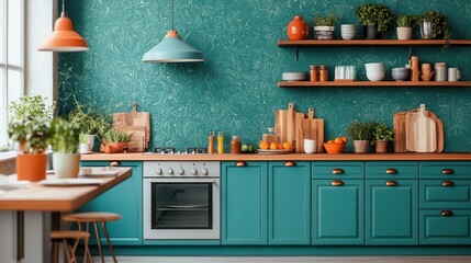 Eclectic kitchen with bold, vibrant wallpaper and mismatched furniture, playful aesthetic