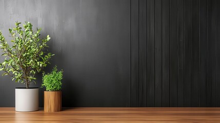 Sleek urban kitchen with metallic wallpaper and dark wood accents, modern industrial aesthetic