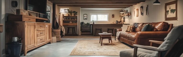 Fototapeta premium Cozy living room with a leather sofa, wooden furniture, and warm lighting.