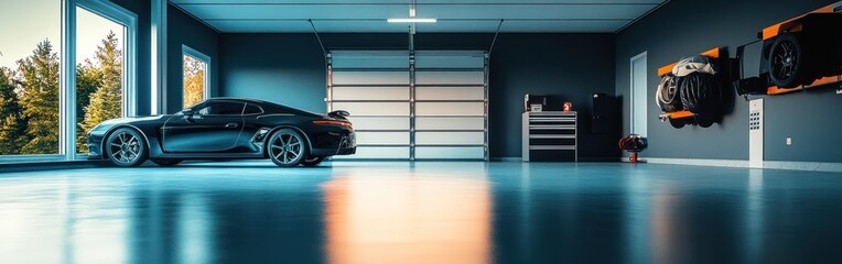 A sleek car parked in a modern garage with large windows and organized tools.