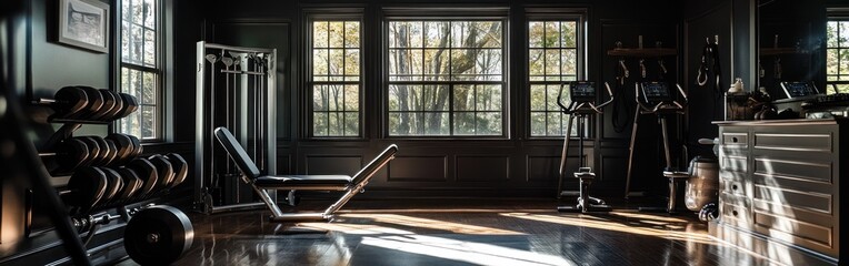 A home gym featuring weights, exercise equipment, and natural light streaming through windows.