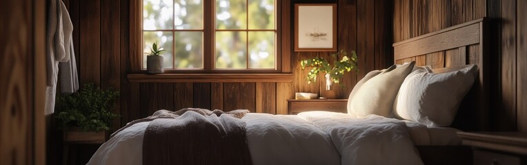 Fototapeta premium Cozy wooden bedroom with natural light and plants, promoting relaxation and comfort.