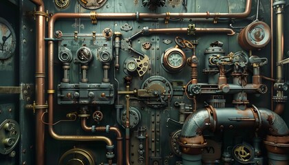 An intricate steampunk inspired artwork of a machine with copper pipes and gauges