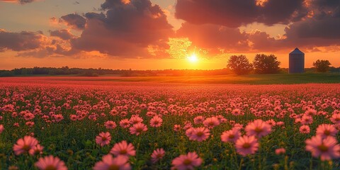 Vibrant summer sunset illuminating canola field with silo on prairie landscape