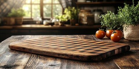 Rustic wooden cutting board on checkered tablecloth over blurred background