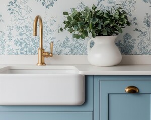 Fototapeta premium French-inspired kitchen with toile wallpaper, light blue cabinets, and brass fixtures