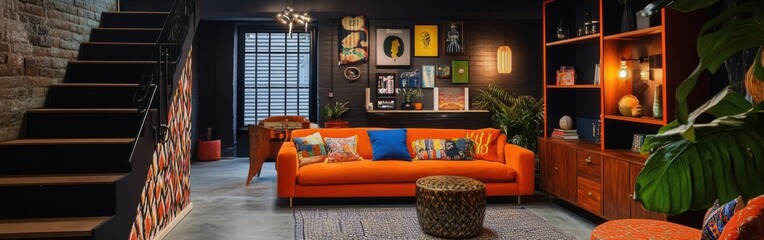A vibrant living room featuring an orange sofa, colorful decor, and a stylish staircase.