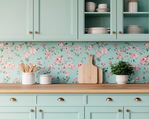 Elegant kitchen with light blue wallpaper and glass-front cabinets, soft pastel aesthetic
