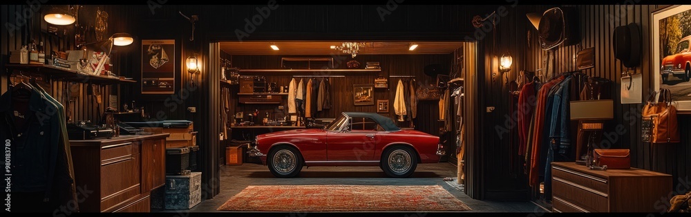 Poster A vintage red convertible parked in a cozy garage filled with clothing and memorabilia.