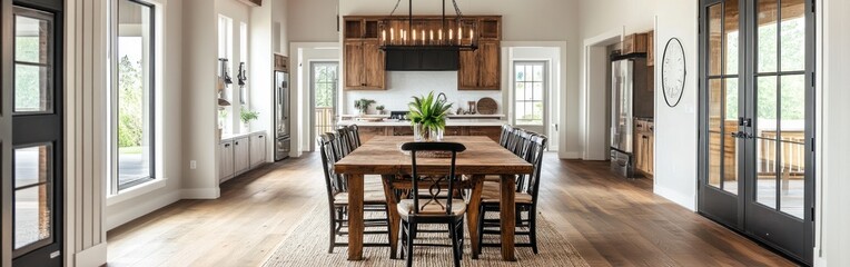 A spacious dining area featuring a long wooden table and modern kitchen design.