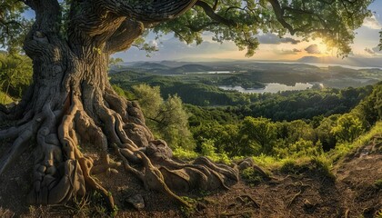 Majestic Oak Tree Overlooks Serene Sunset Landscape