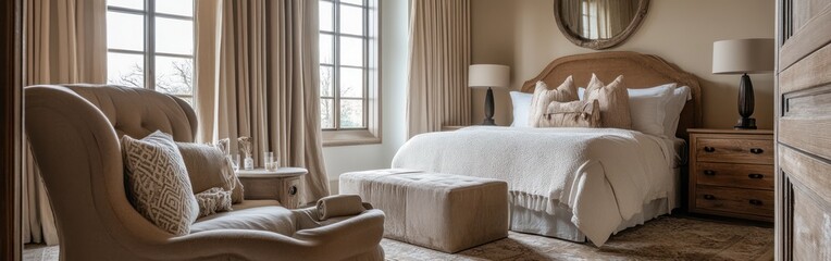 Fototapeta premium A cozy bedroom featuring a bed, armchair, and natural light through large windows.