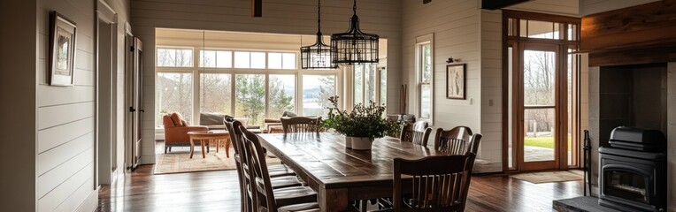A spacious, modern dining area with large windows and wooden furniture.