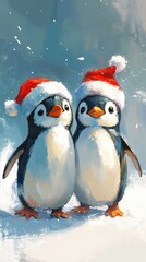 Fototapeta premium Adorable penguins in Christmas hats and scarves