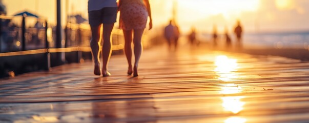 People walking on a beach boardwalk at golden hour, defocused background