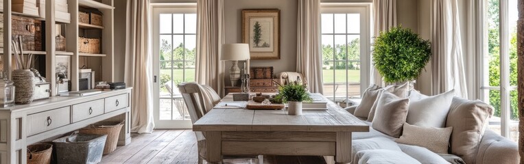 Fototapeta premium Cozy living room with natural light, plants, and elegant decor for relaxation and gatherings.
