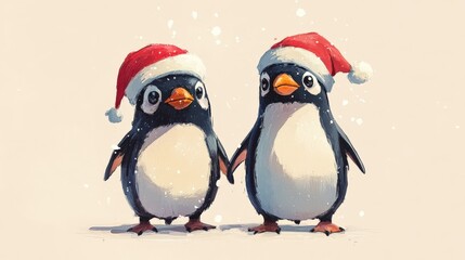 Naklejka premium Adorable penguins in Christmas hats and scarves