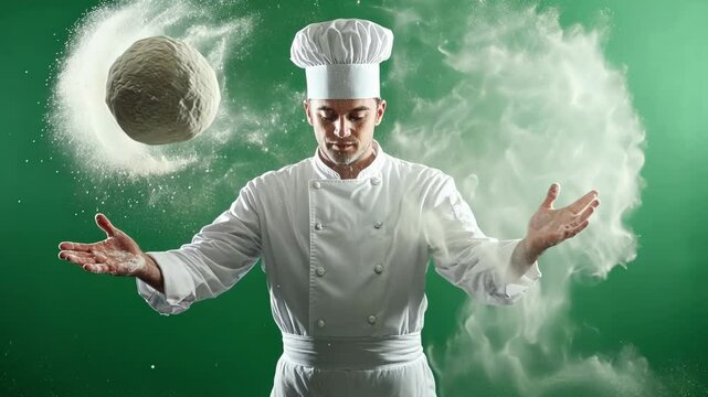 Baker is tossing pizza dough surrounded by flour in front of a green screen background. Perfect for easy background replacement