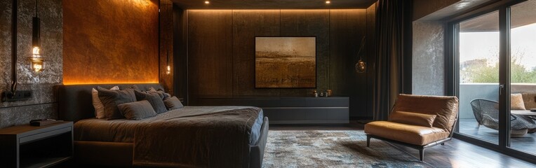 Modern bedroom with warm tones, elegant furnishings, and a serene atmosphere.