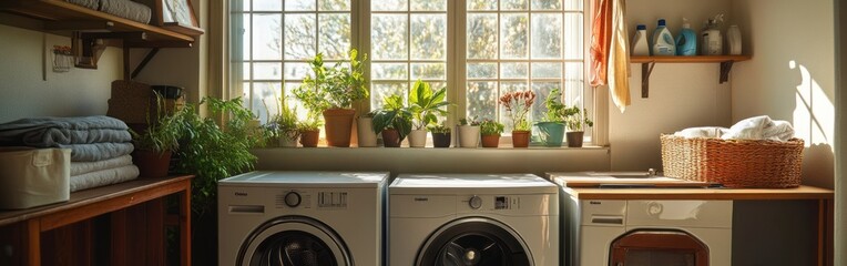 A bright laundry room featuring washing machines, plants, and organized storage.