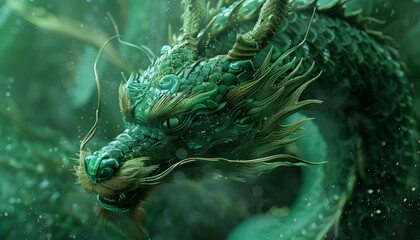 Majestic green dragon emerges from the depths with intricate scales and piercing eyes