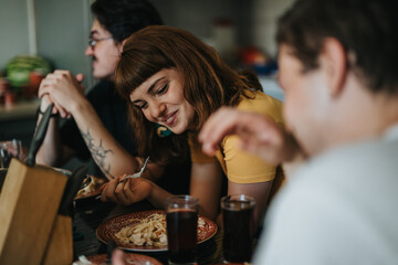 A group of friends share a casual meal at home, enjoying food and laughter in a cozy setting. Capturing moments of joy and connection.