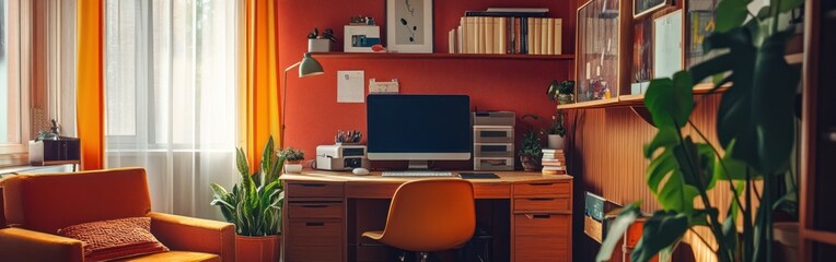 Cozy home office with warm colors, plants, and a computer setup for productivity.