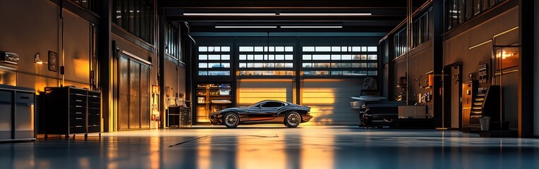 Obraz premium A sleek car in a modern garage, illuminated by warm light, showcasing automotive design.