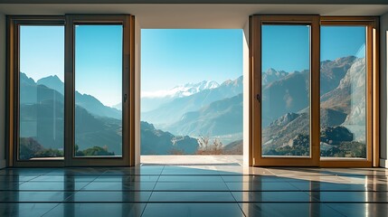 A view of mountains through sliding glass doors in a modern house.