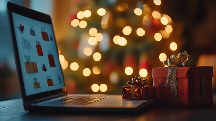 Holiday online shopping scene with a laptop screen showcasing festive discounts and special deals, surrounded by Christmas presents, capturing the essence of digital consumerism during