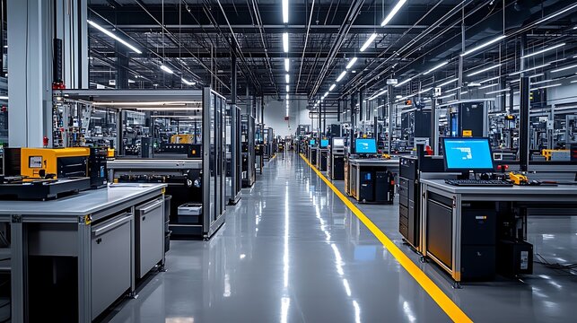 A well-lit assembly line with adjustable task lighting focused on precise workstations.