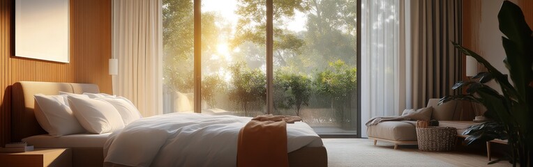 A serene bedroom with natural light, featuring a cozy bed and modern decor.