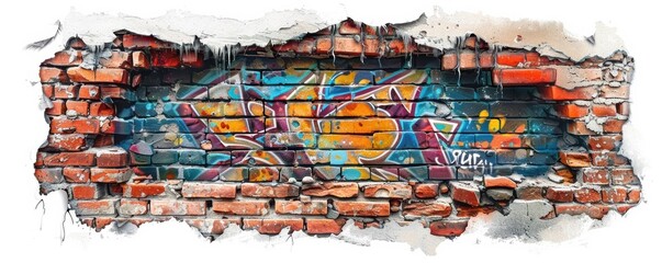 Naklejka premium Hole in a brick wall, graffiti art, urban style, realistic, isolated on white background