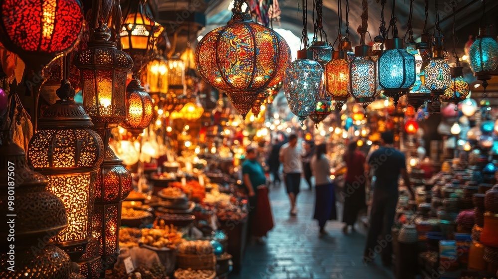 Wall mural A Colorful Display of Intricate Lanterns in a Lively Bazaar