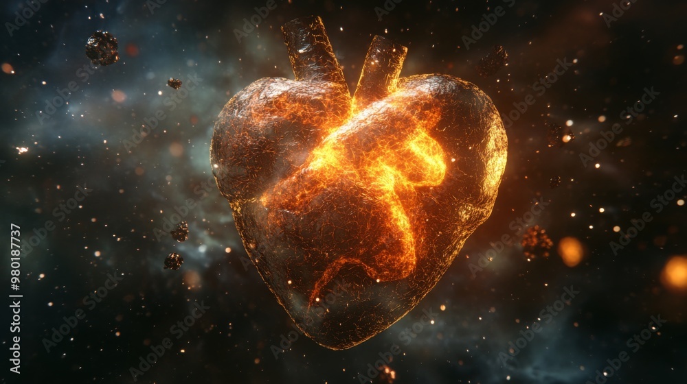 Fototapete an illuminated heart made of molten material hovers in space, surrounded by glowing particles and co
