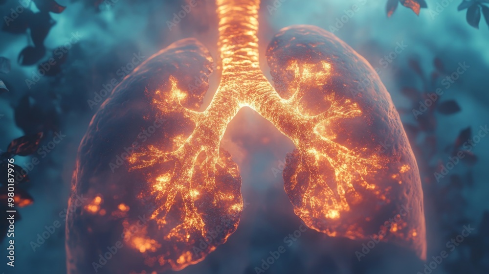 Poster glowing lungs resemble intricate branches, illuminated by soft light, surrounded by a mystical fores