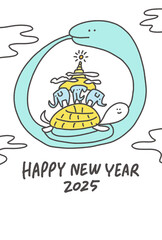 古代インドの宇宙観　巨大な蛇の年賀状イラスト　2025 