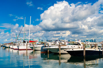 Luxurious yacht in Miami beach. Marina in Miami Beach, Florida. Luxury South beach marina. Miami...