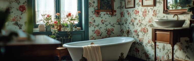 A vintage bathroom featuring a freestanding tub, floral wallpaper, and natural light.